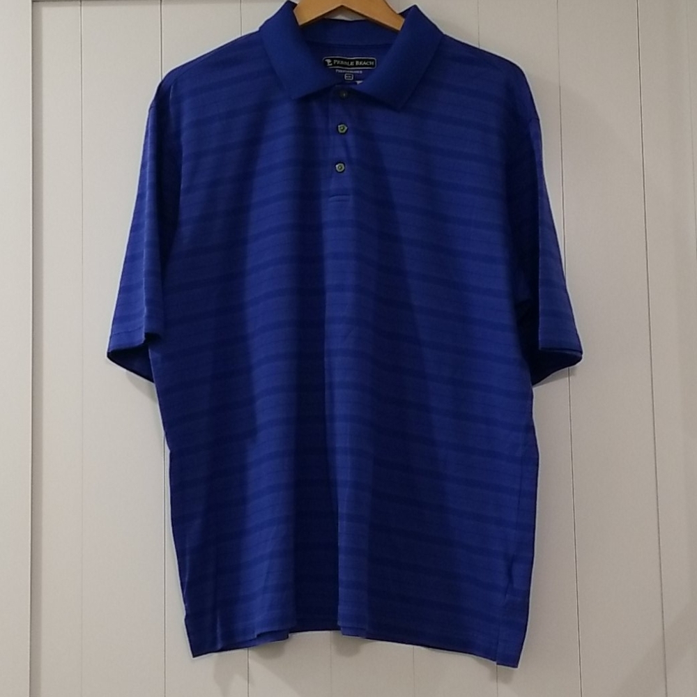 Men's blue polo shirt.